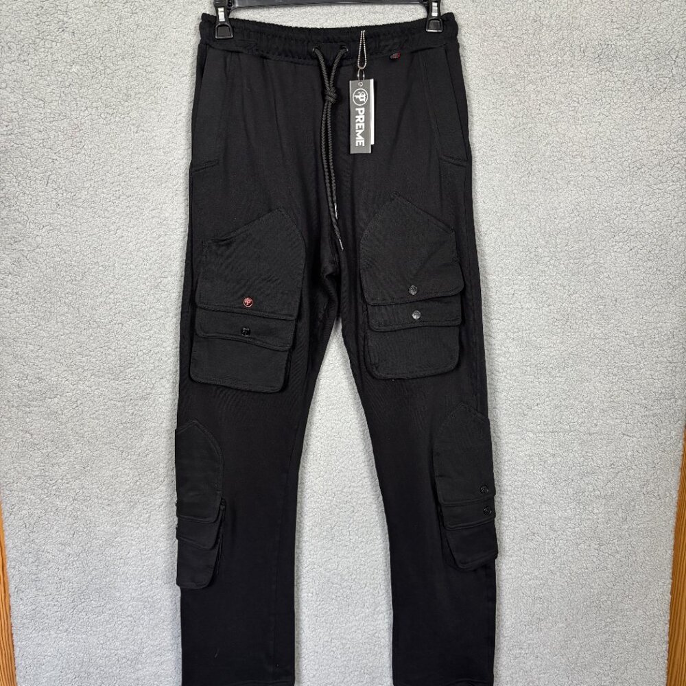 Preme Mens Stacked Utility Cargo Fleece Sweatpants Black Medium Drawstring NWT's